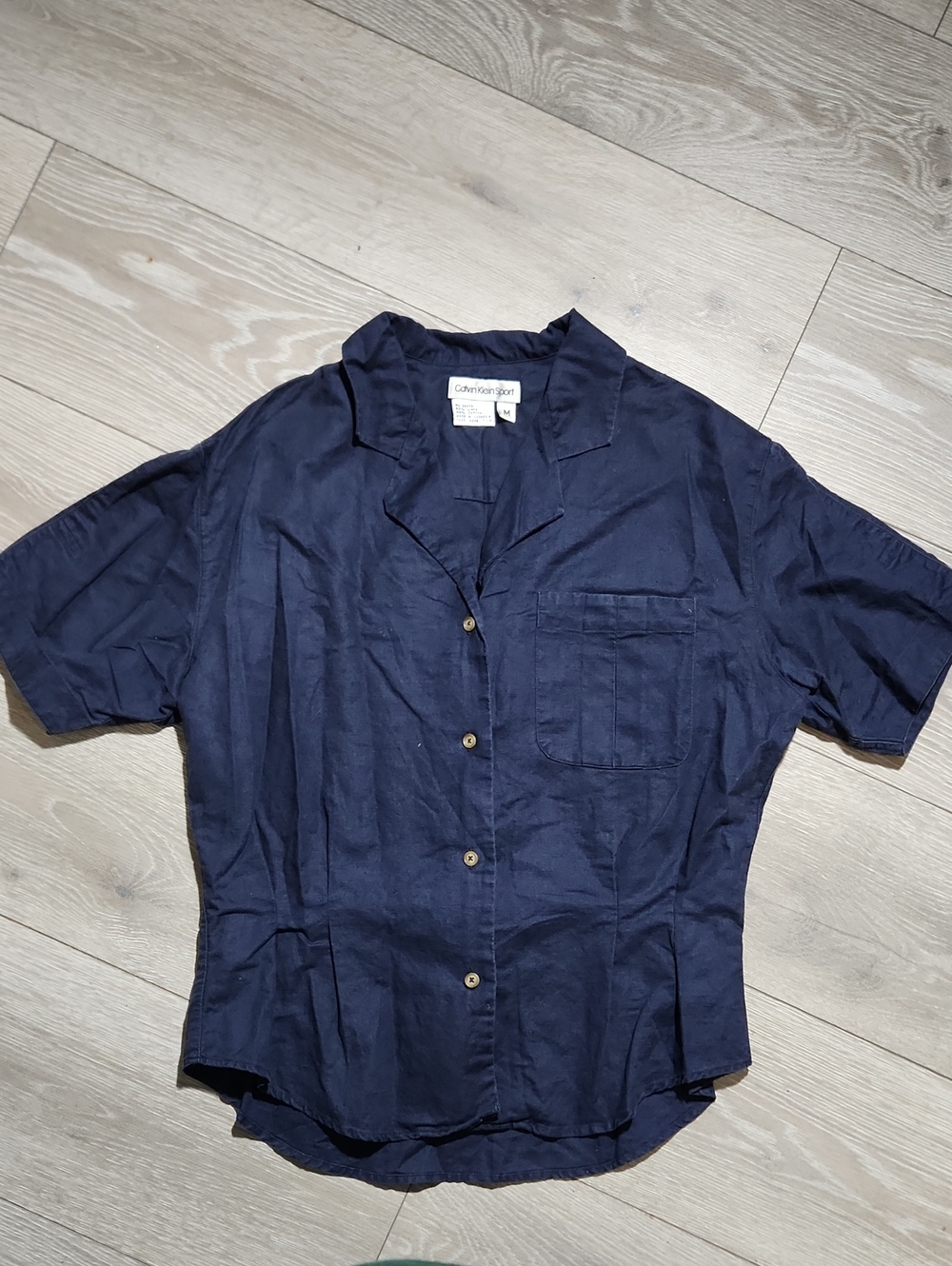 ​Vintage Calvin Klein Sport Navy Blue Linen Cotton Short Sleeve Blouse Size M